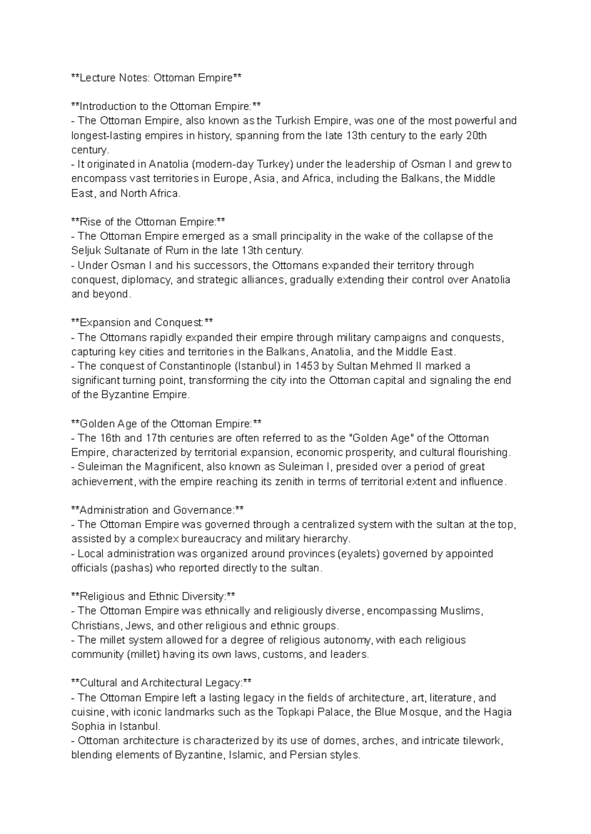 HIST 201: Lecture Notes on the Ottoman Empire and Its Legacy - Studocu