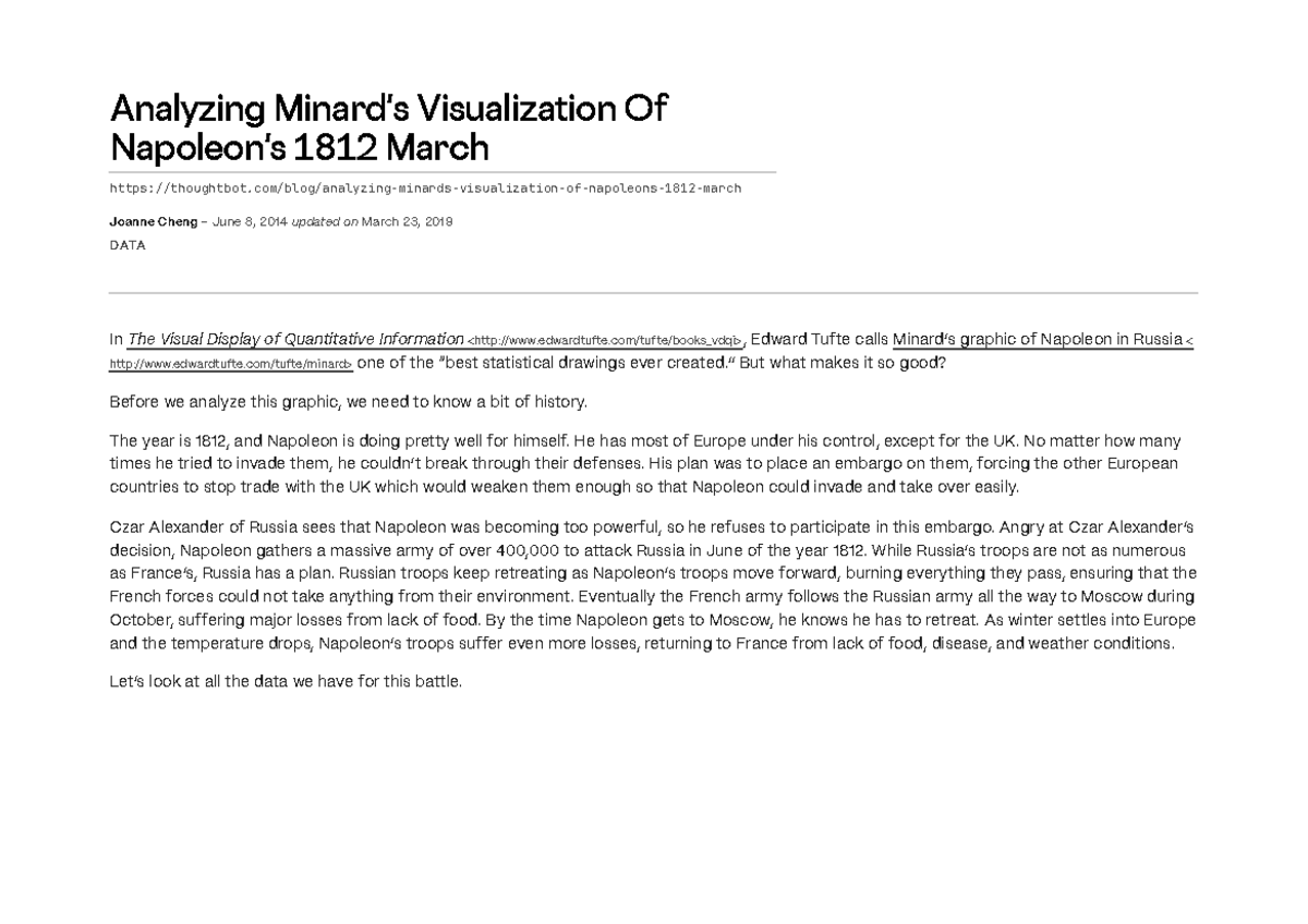 Analyzing Minard's Visualization of Napoleon's 1812 March - Studocu