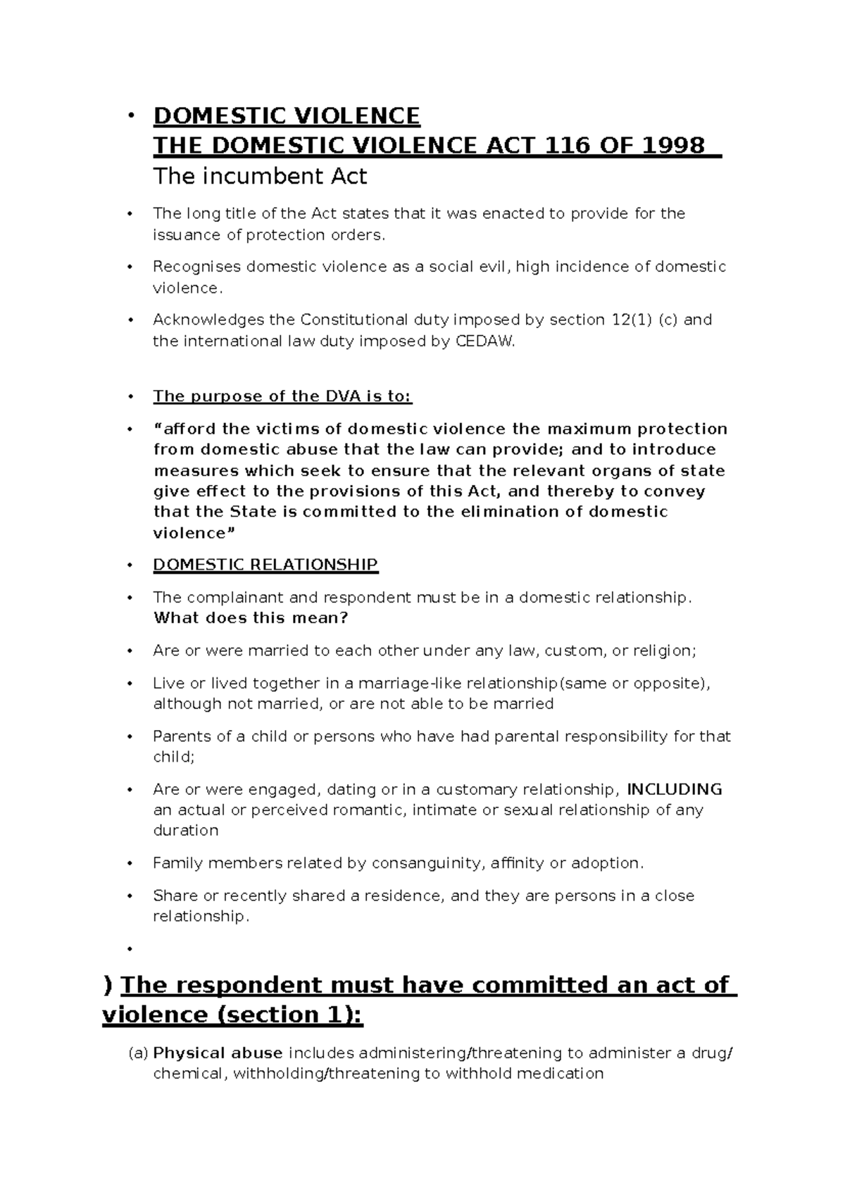 Family Law: Understanding the Domestic Violence Act 116 of 1998 - Studocu