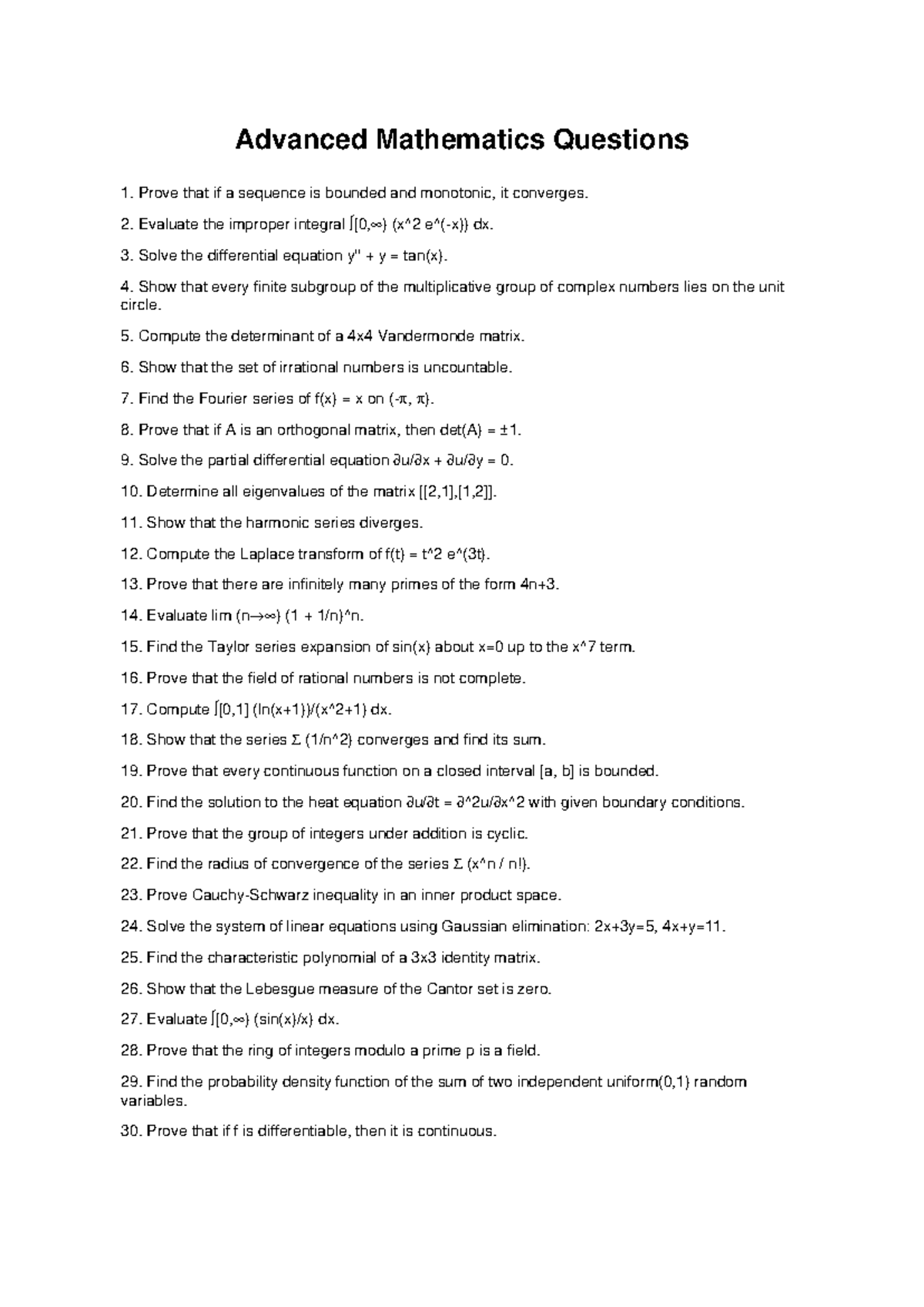 Advanced Mathematics Revision: Key Concepts & Problems - Studocu
