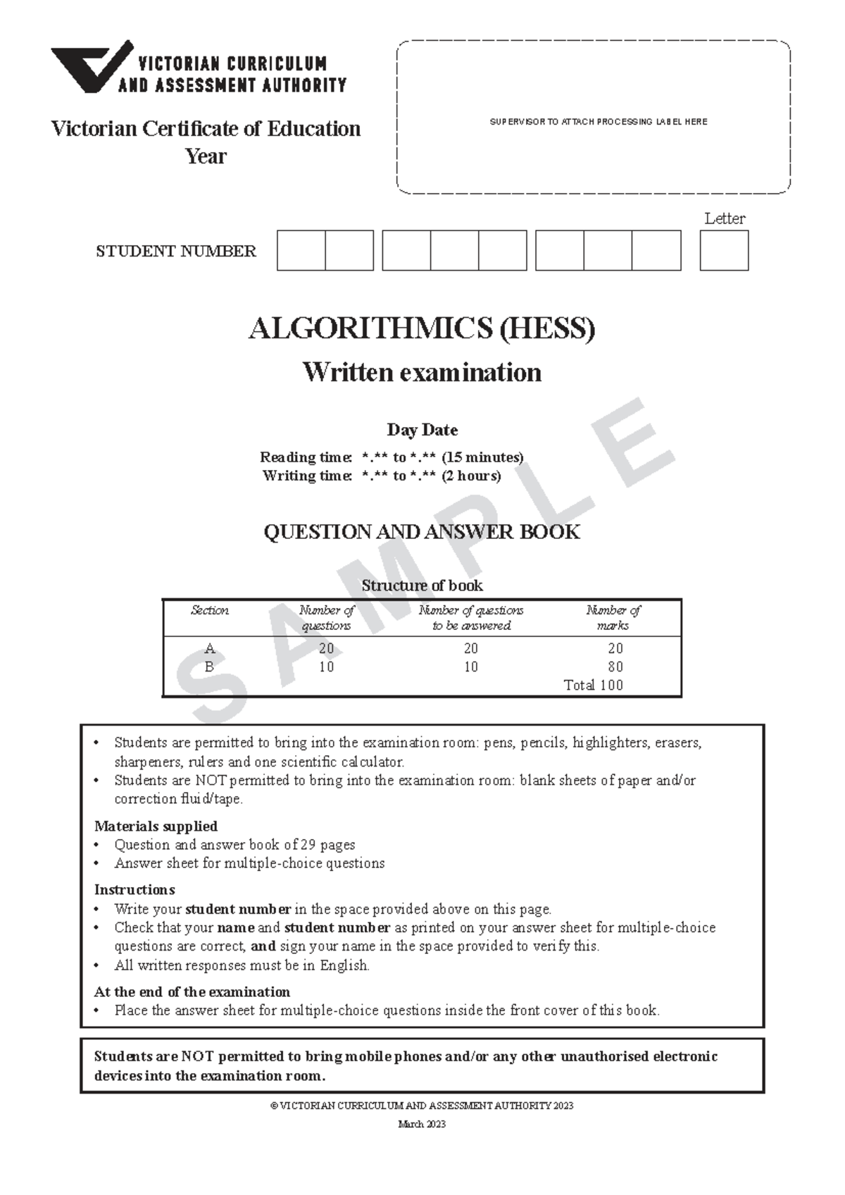 2023 VCE Algorithmics Sample Exam - Written Examination Guide - Studocu