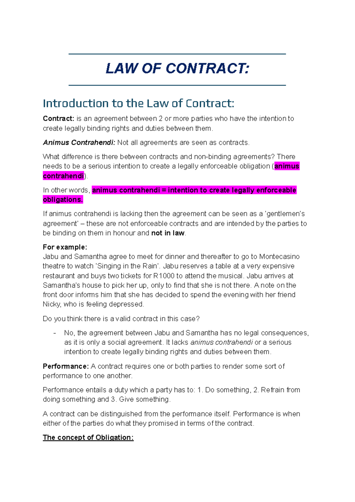 Law of Contract Notes (1): Understanding Agreements and Contracts - Studocu