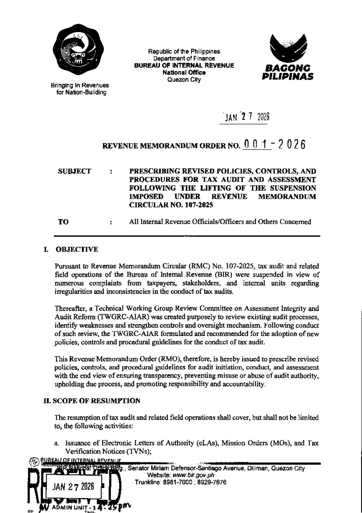 RMO No. 1-2026: Revised Tax Audit Policies & Procedures - Studocu