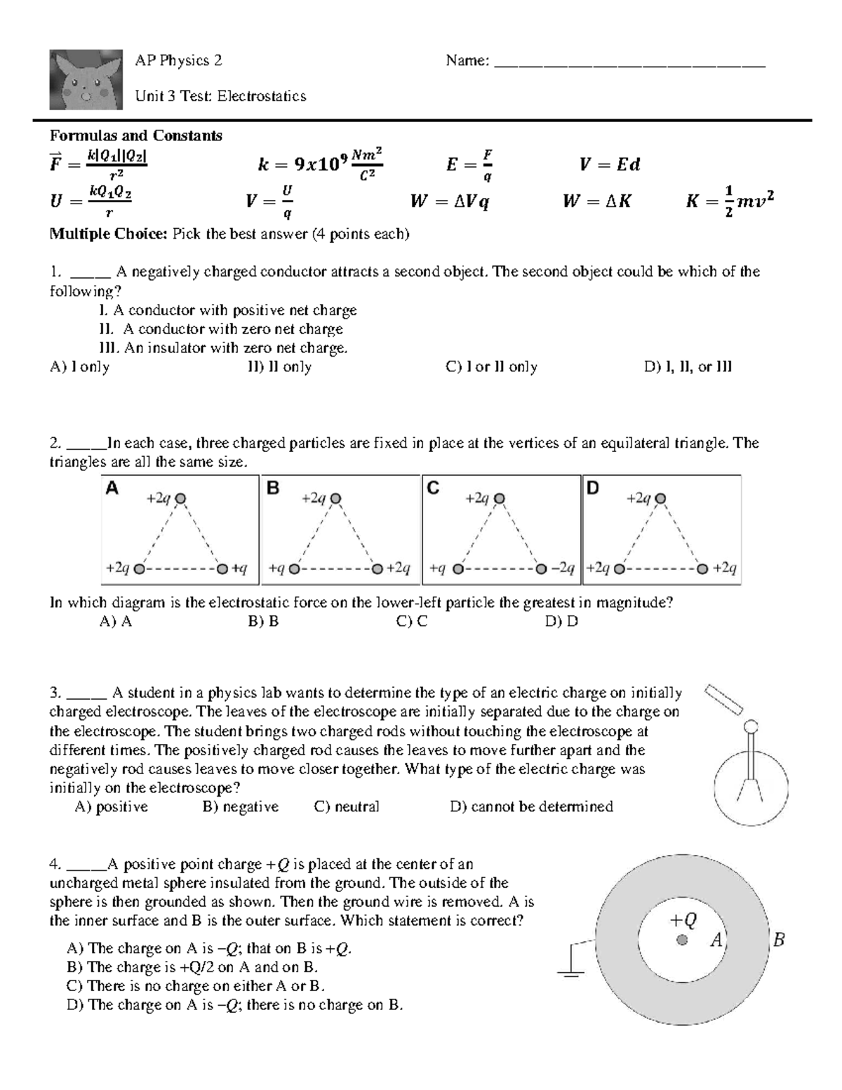 AP Physics 2: Unit 3 Test on Electrostatics - Formulas & MCQs - Studocu