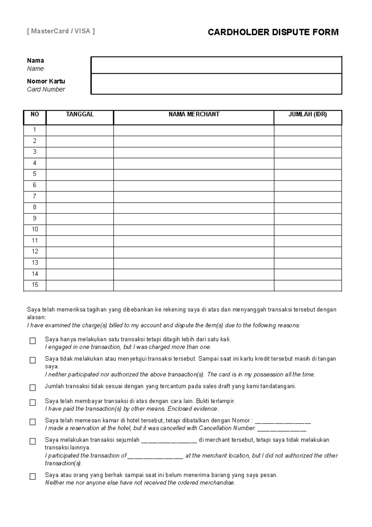 MasterCard VISA Cardholder Dispute Form Instructions - Studocu