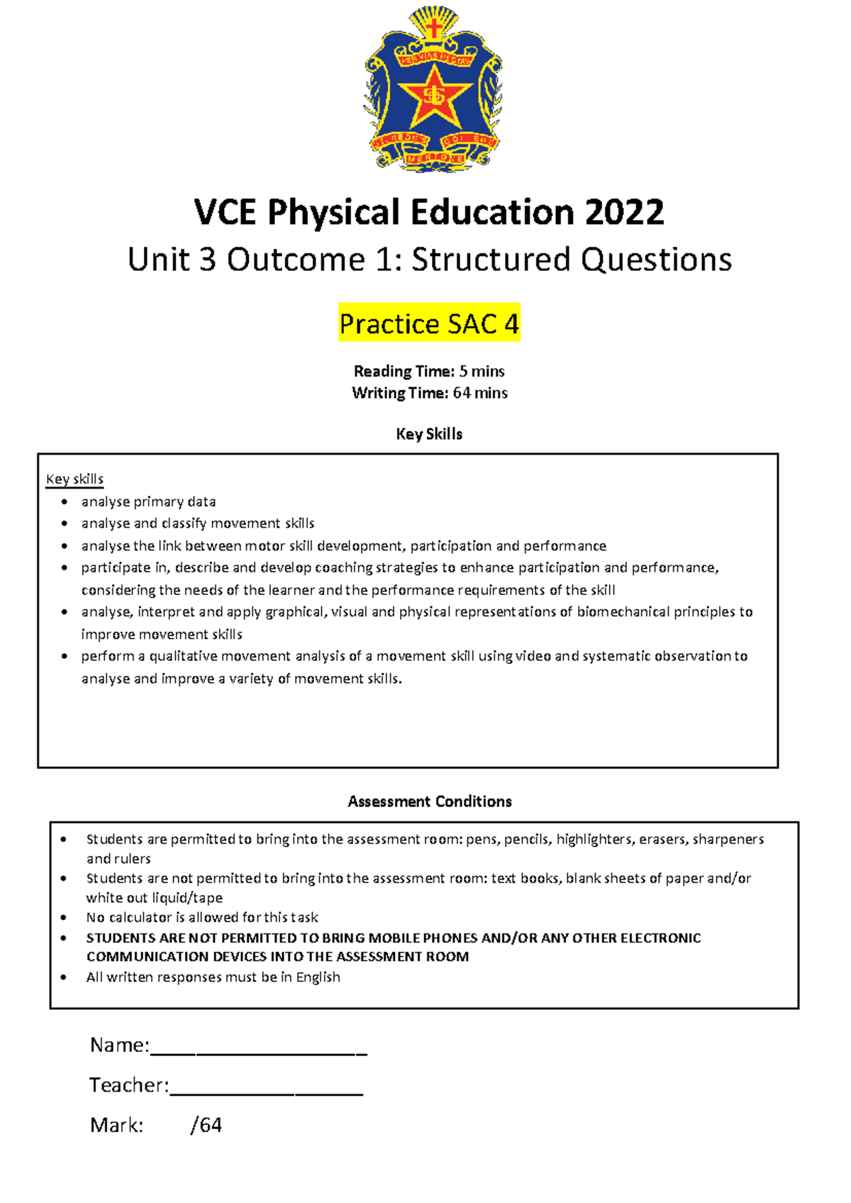 VCE Physical Education 2022 Unit 3 SAC 4: Structured Questions Practice ...
