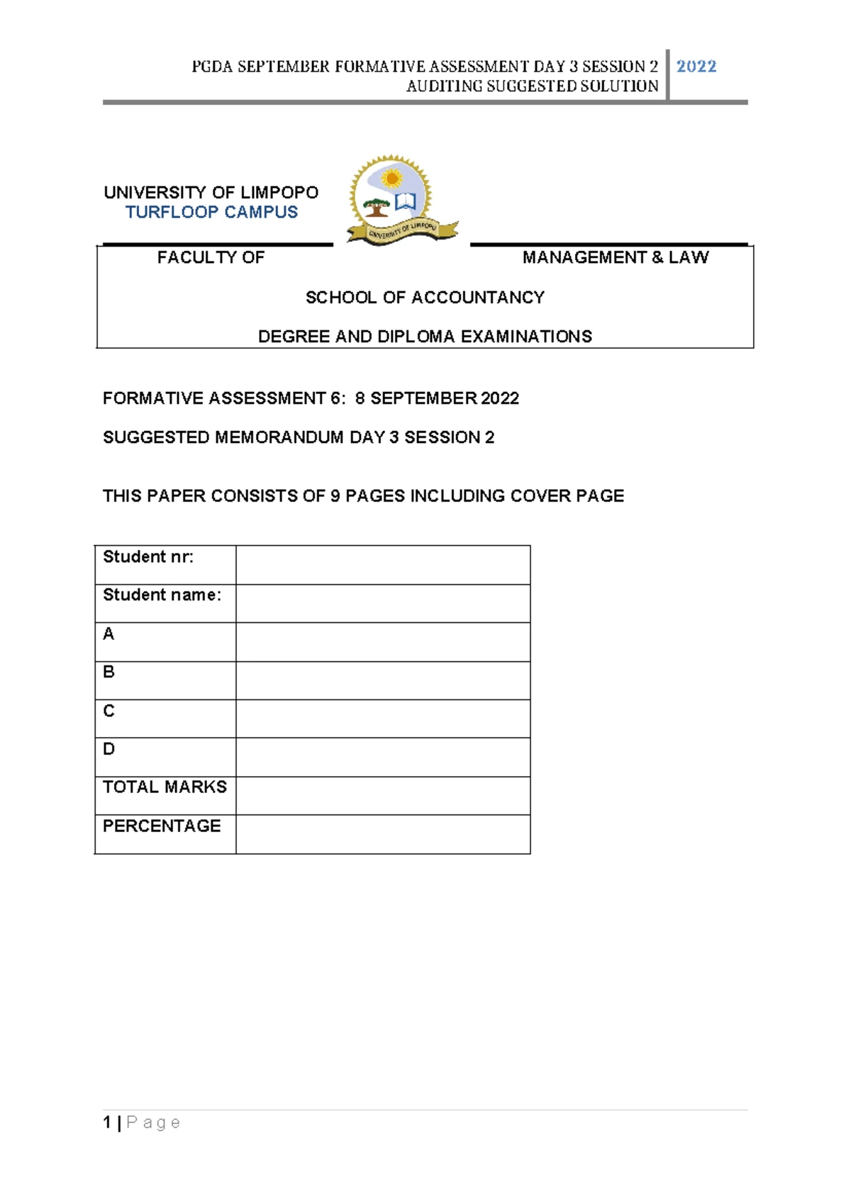 PGDA 2022 Main Exam Day 2 Session 1 Auditing Suggested Solutions - Studocu