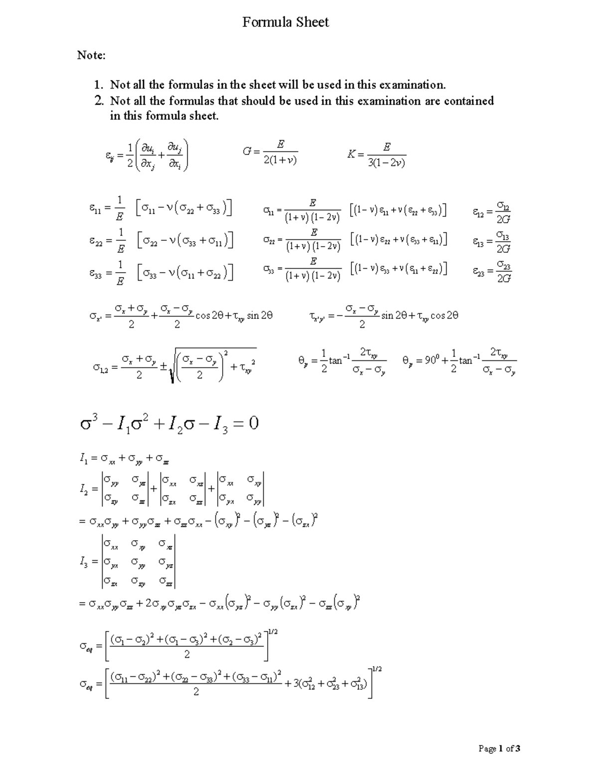 MEC4426-Formula-sheet - Page 1 of 3 Formula Sheet Note: Not all the ...
