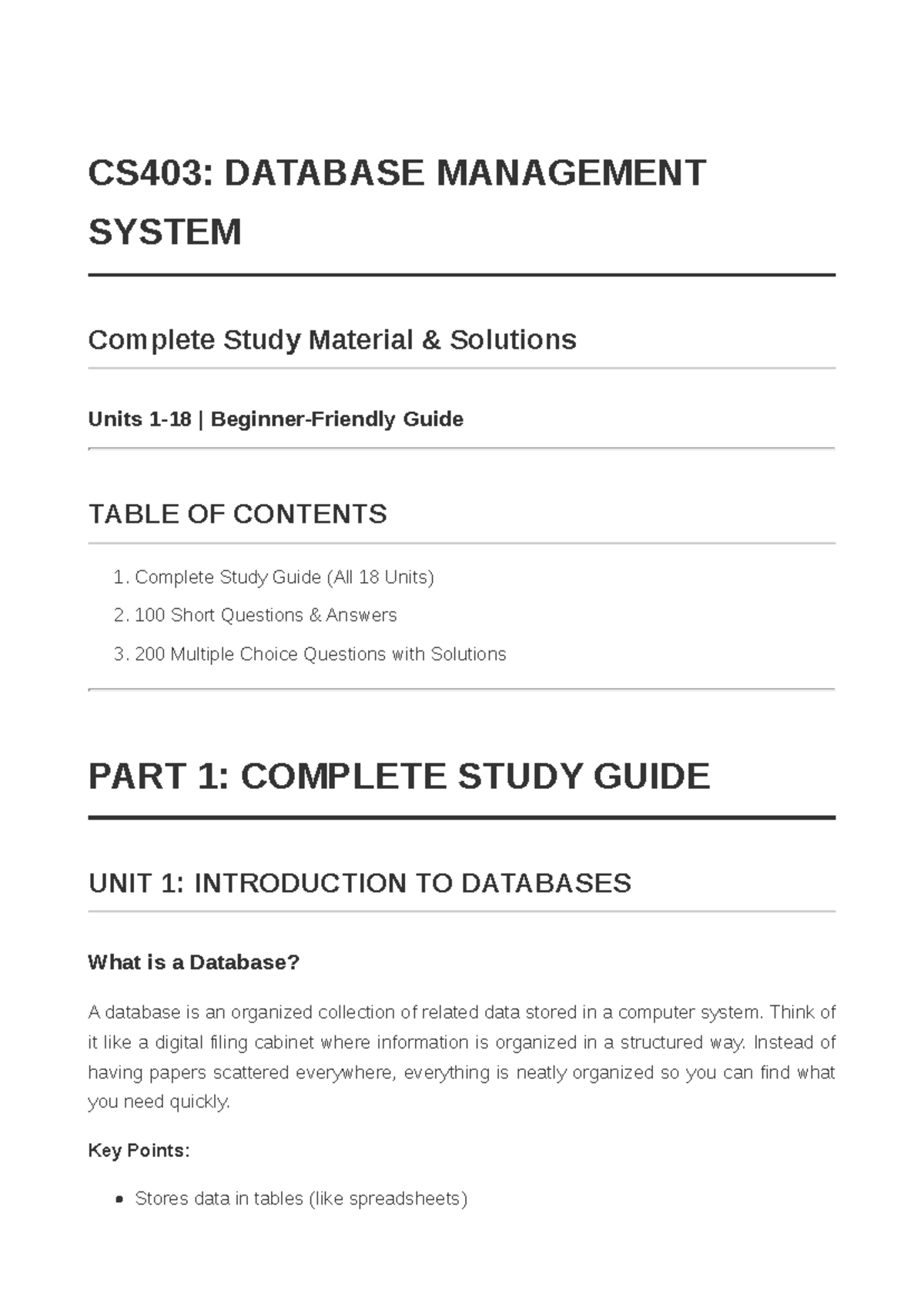 CS403: DATABASE MANAGEMENT SYSTEM Comprehensive Study Guide & Solutions ...