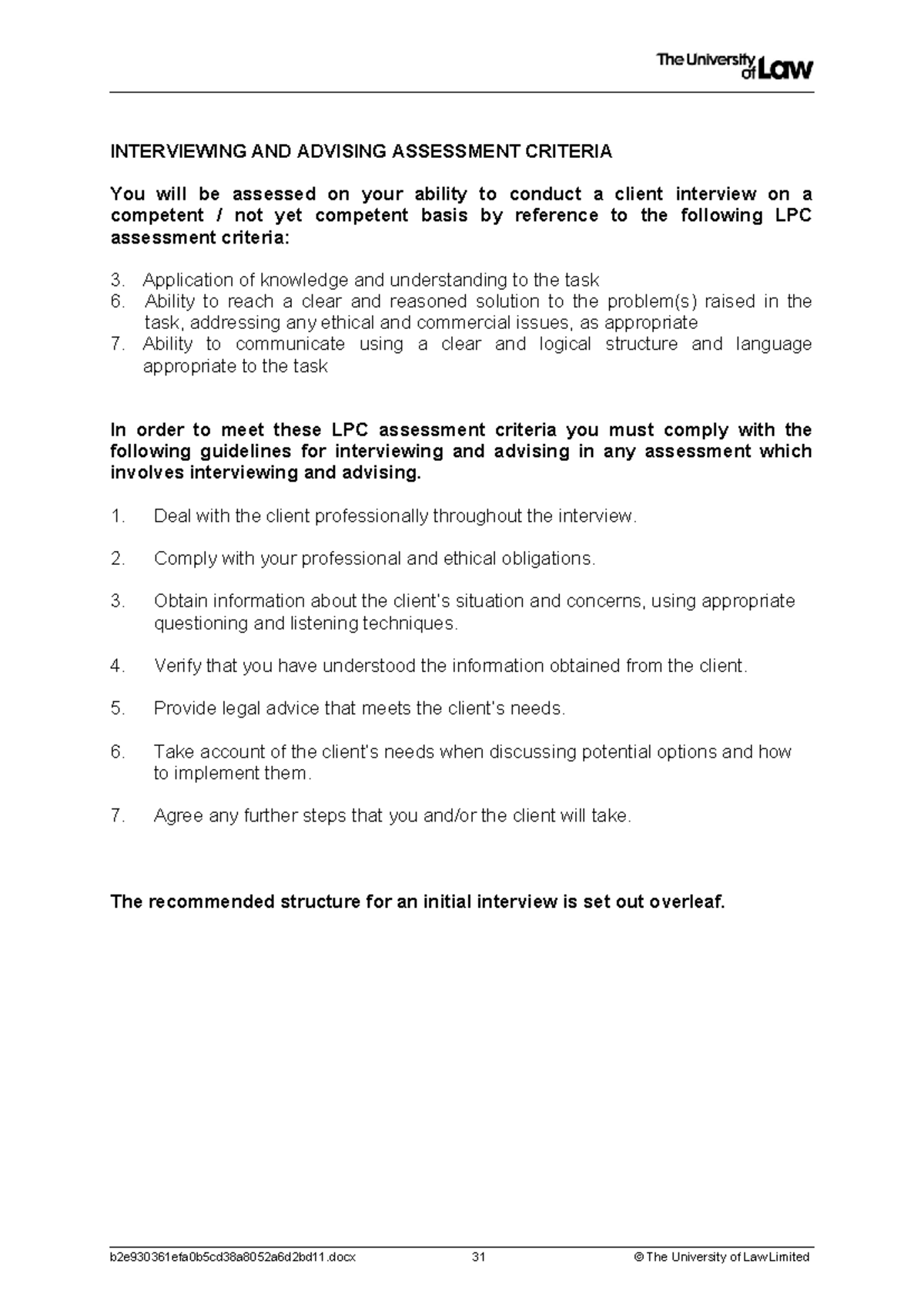 LPC Interviewing & Advising: Structure and Assessment Criteria Guide ...