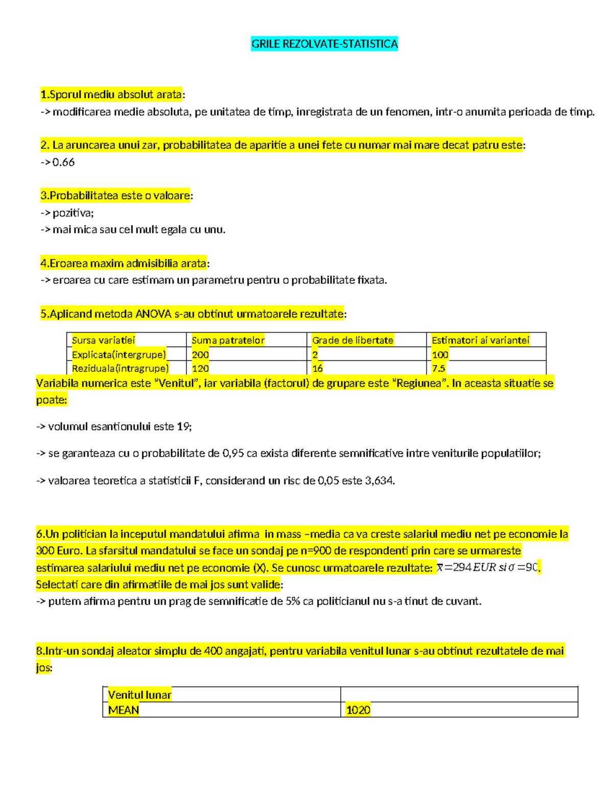 Grile Rezolvate - Statistica - Sesiune Semestrul 2 - Document Preview