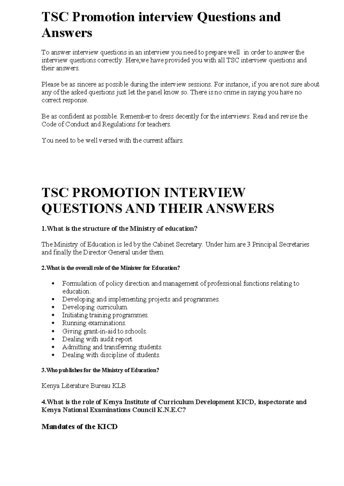 TSC Promotion Interview Q&A Guide for Success - Studocu