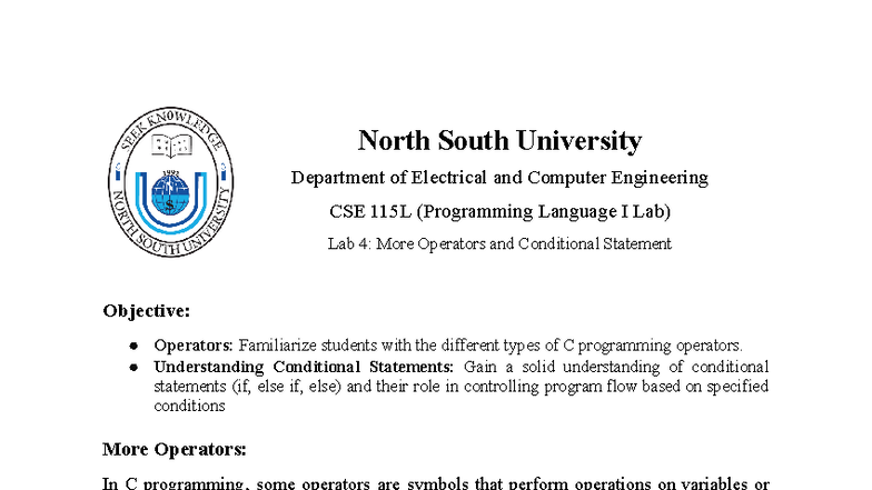 CSE 115L Lab 4: Operators & Conditional Statements in C Programming ...