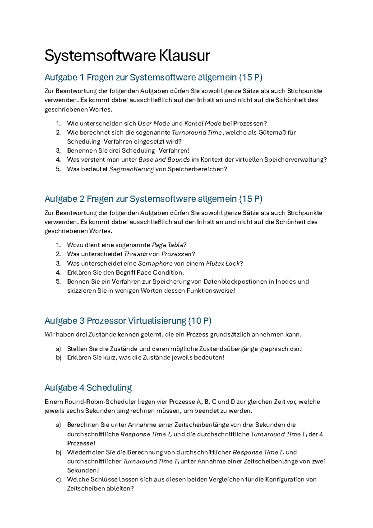 Systemsoftware Klausur: Aufgaben und Fragen zur Virtualisierung und ...