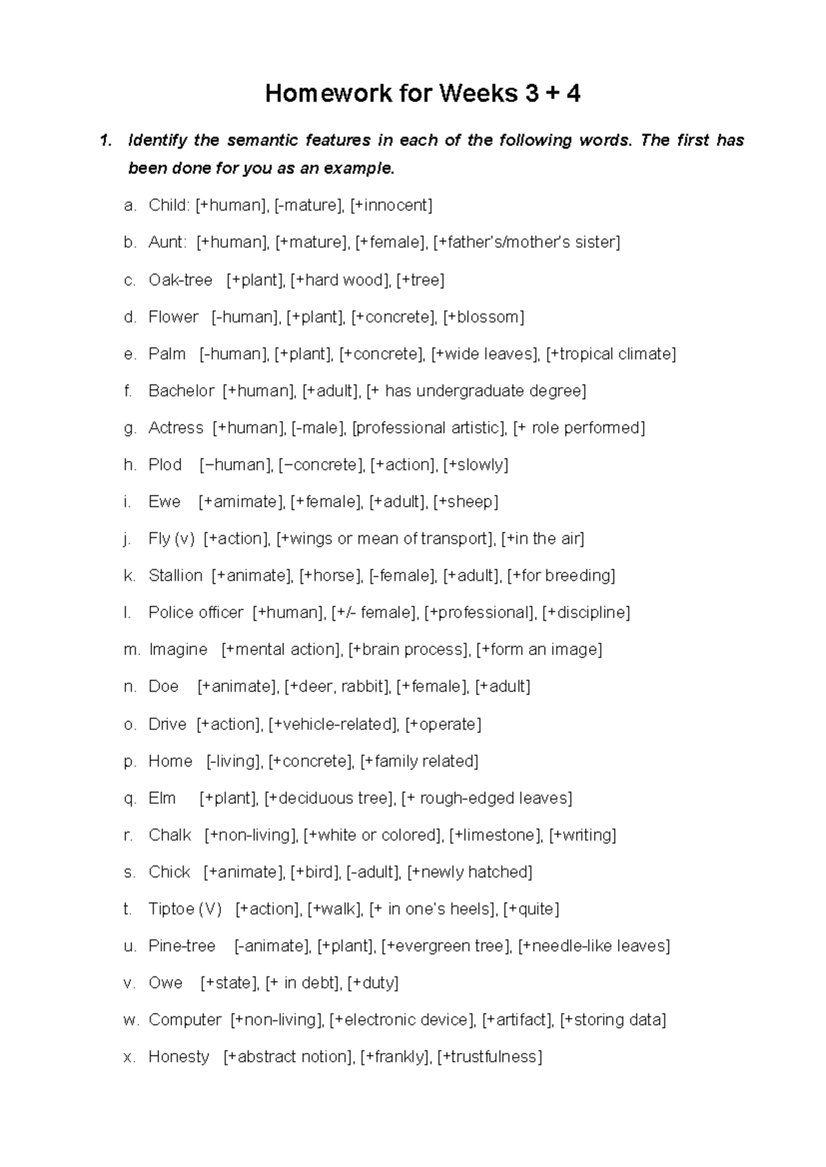 Homework for Weeks 3 & 4: Semantic Features & Word Types - Studocu