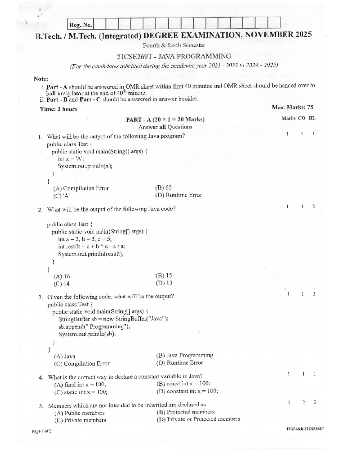 B.Tech 21CSE269T JAVA PROGRAMMING Exam Paper - Nov 2025 - Studocu