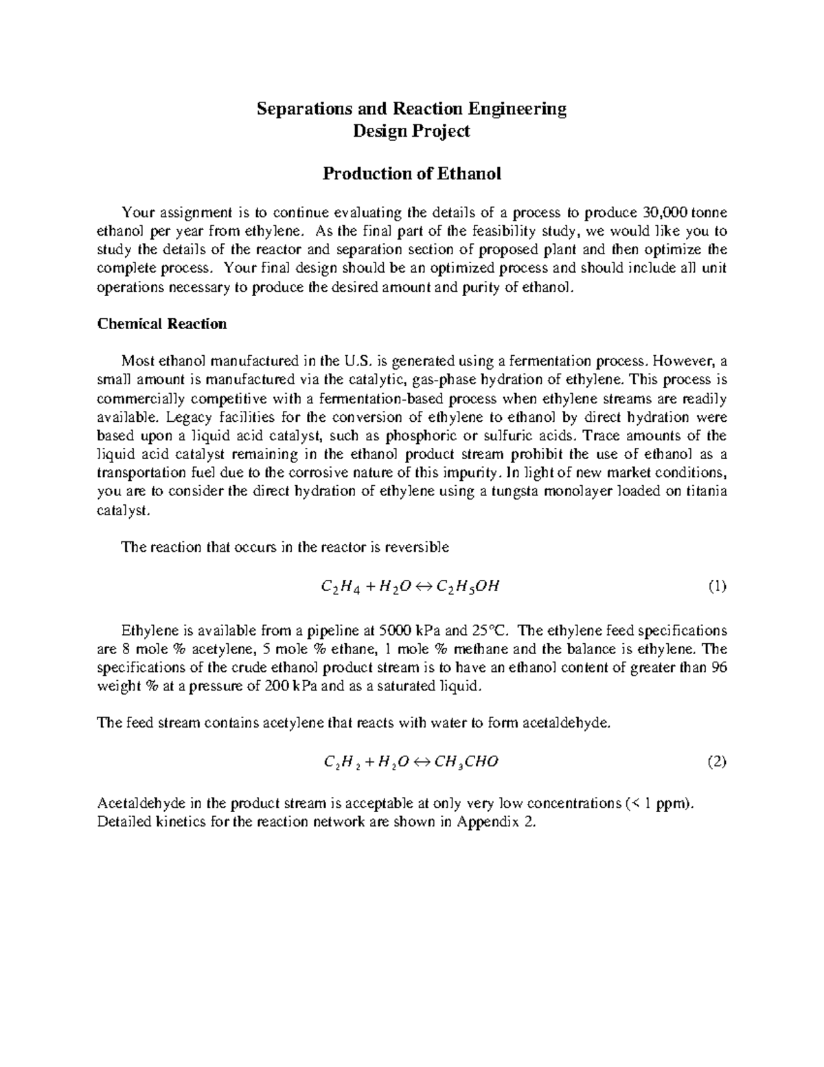 Ethanol Production Process Design Project (ChE 312 & ChE 325) - Studocu
