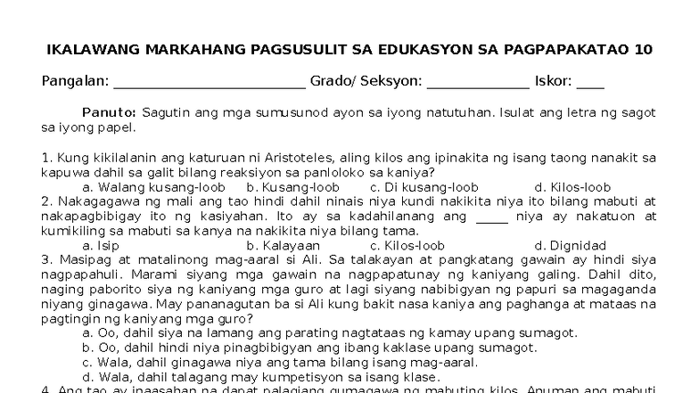 IKALAWANG MARKAHANG PAGSUSULIT SA ESP 10: Pagsusuri at Pagsagot - Studocu