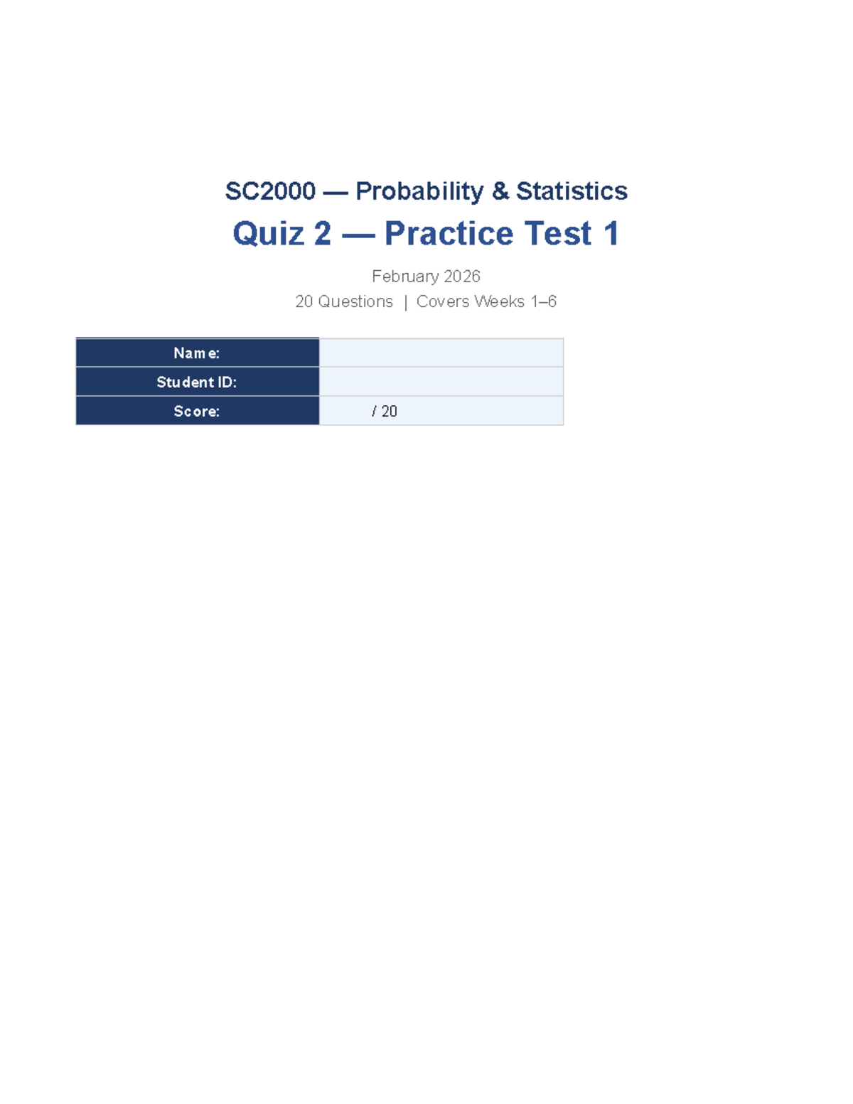 SC2000 Probability Statistics Quiz 2 Practice Test 1 - 20 Questions ...
