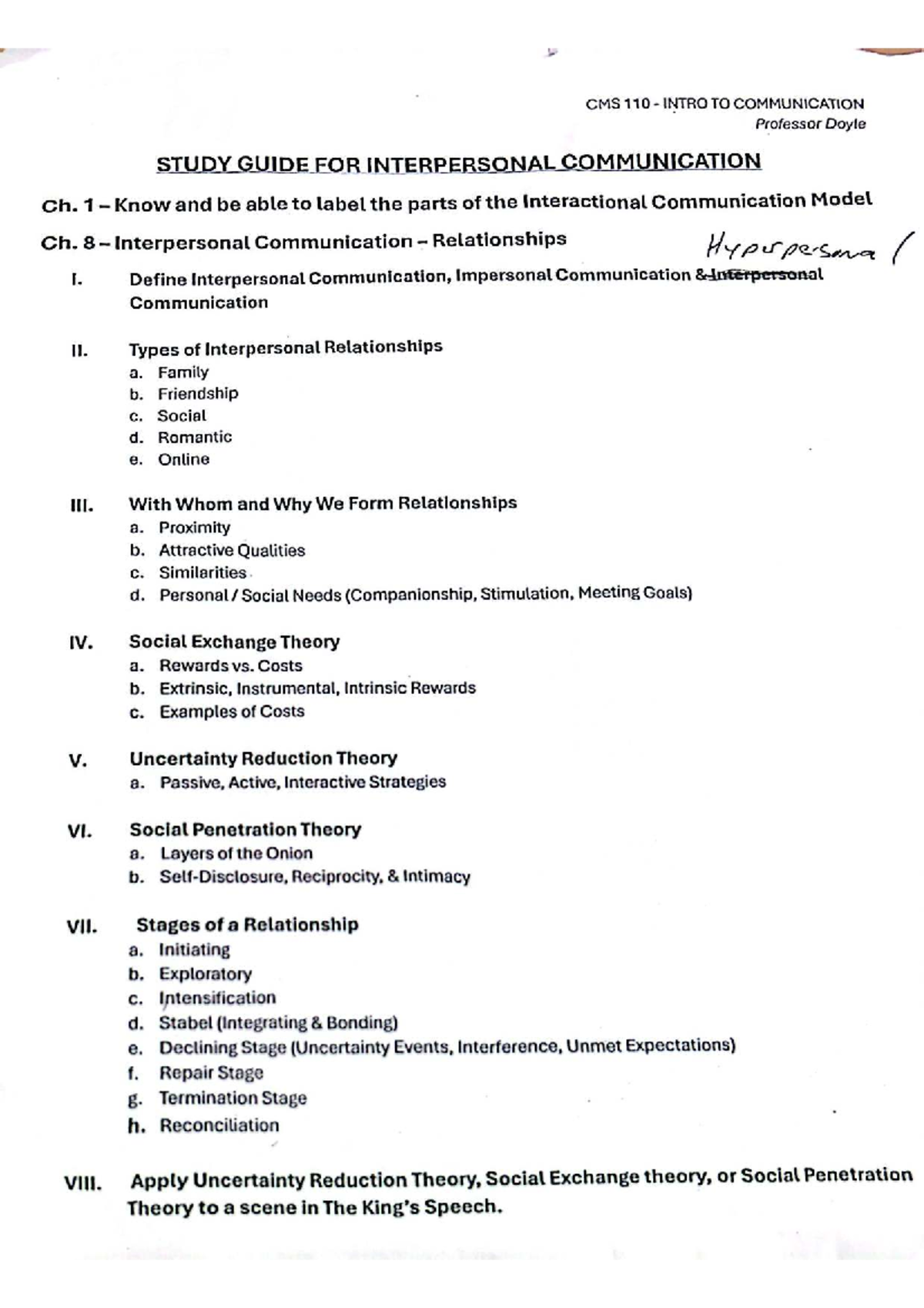CMS 110 Study Guide: Interpersonal Communication Concepts and Theories ...