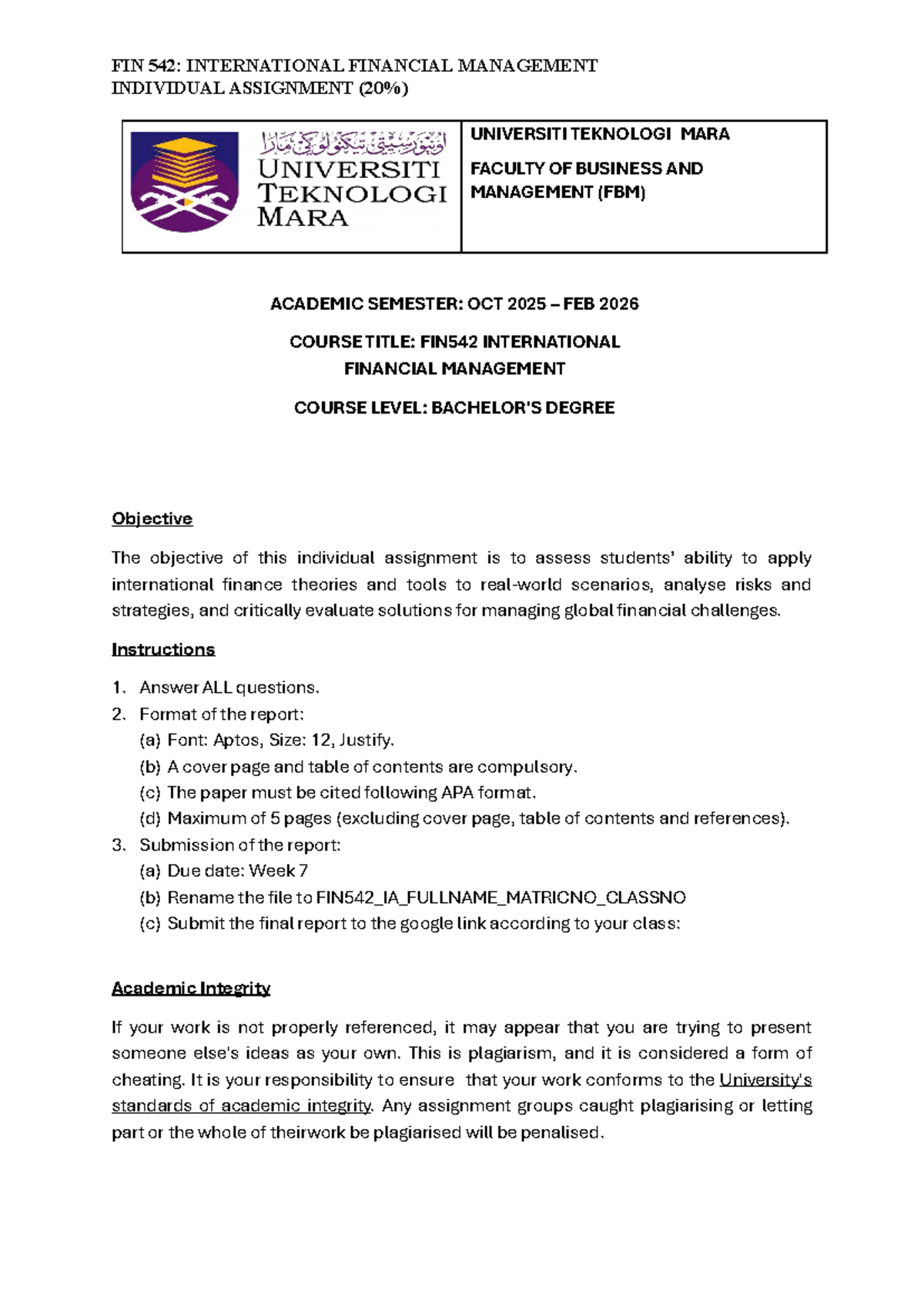 FIN 542: Individual Assignment on International Financial Management ...