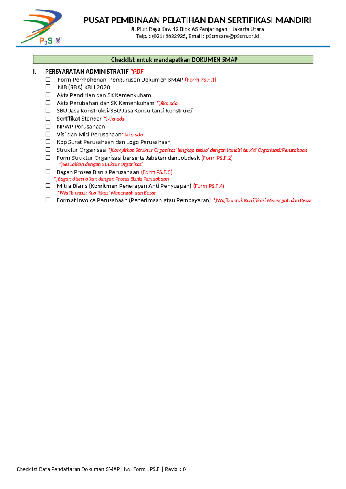 Checklist Persyaratan untuk DOKUMEN SMAP - Form PS.F.1 - Studocu