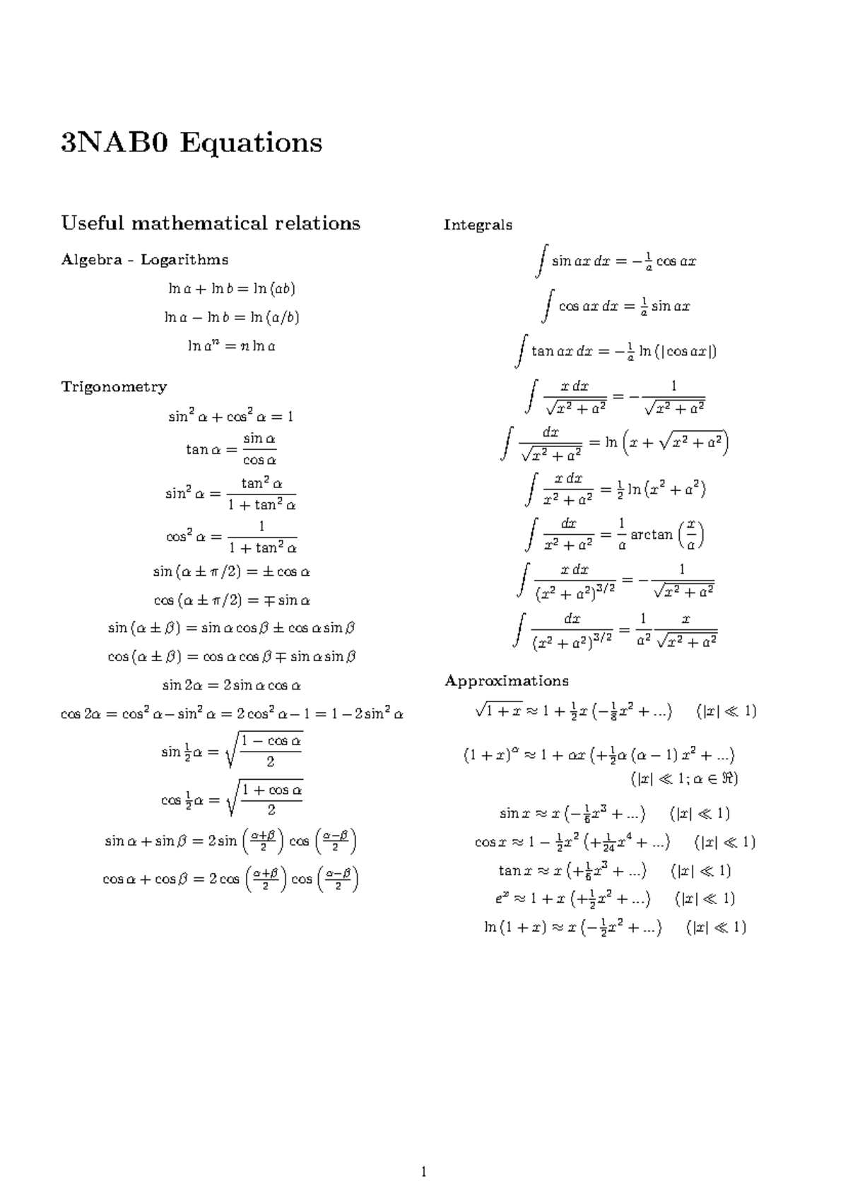 3NAB0 Essential Equations for Applied Natural Sciences - Studeersnel