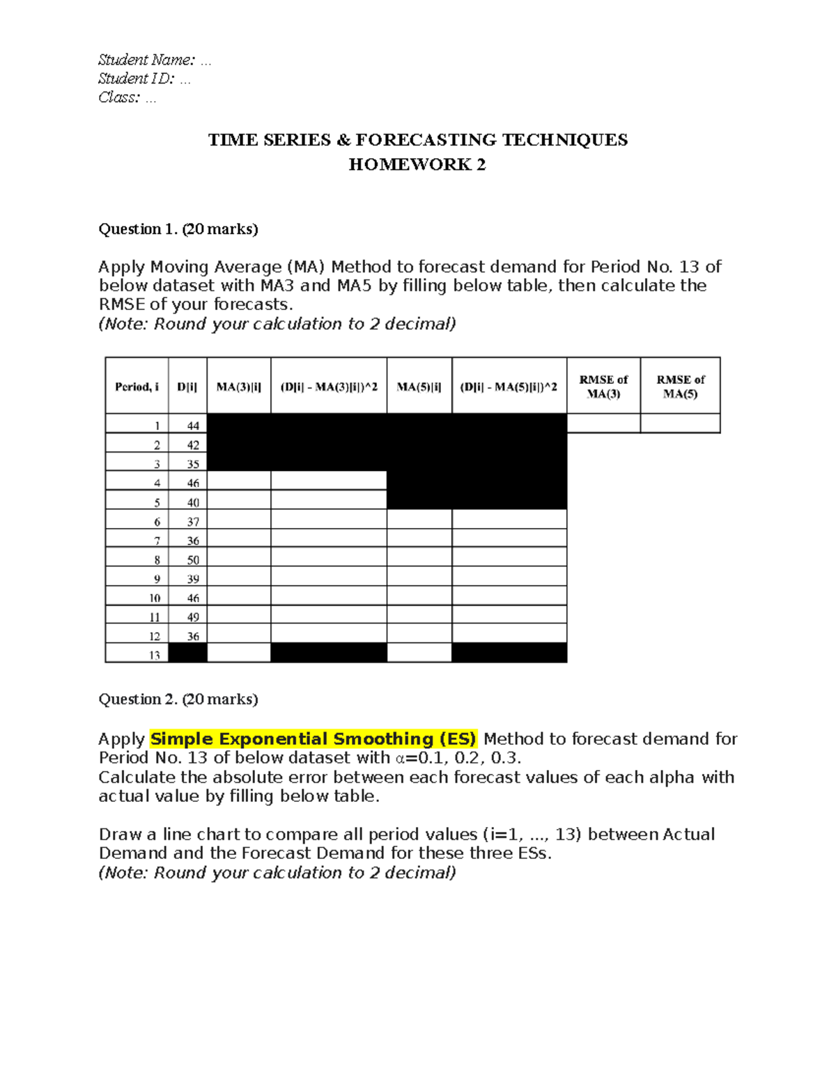 [TS] HW2 - Time Series Forecasting Methods and Techniques - Studocu