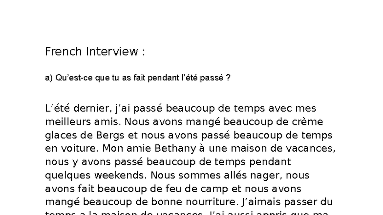 French Interview: Mes Activités Passées et Préférences - Studocu