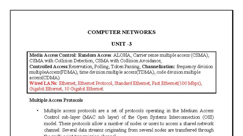 COMPUTER NETWORKS UNIT 3: Media Access Control Protocols Overview - Studocu