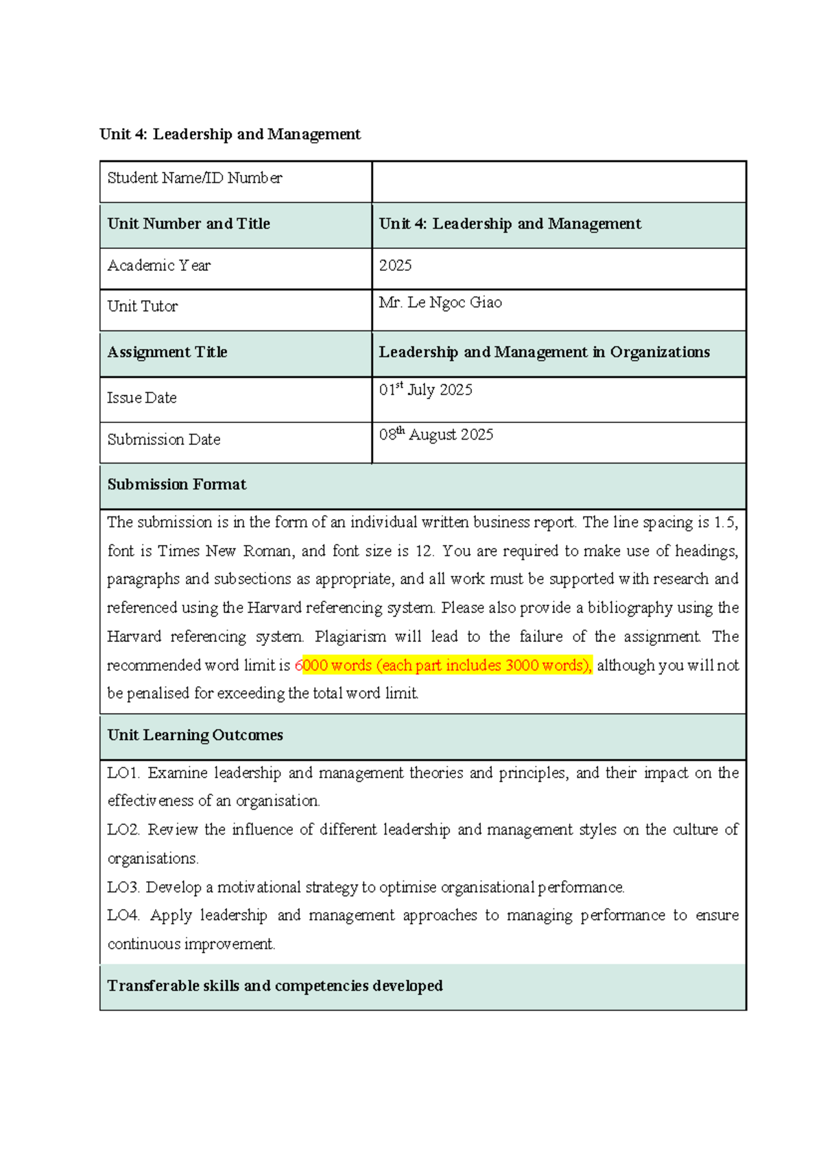 Unit 4: Leadership and Management Assignment Brief 2025 - Studocu
