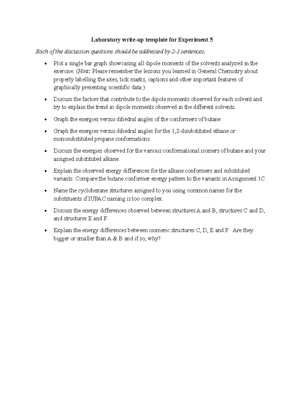 Experiment 5 - Lab Write-up Template for Dipole Moments and Conformers ...