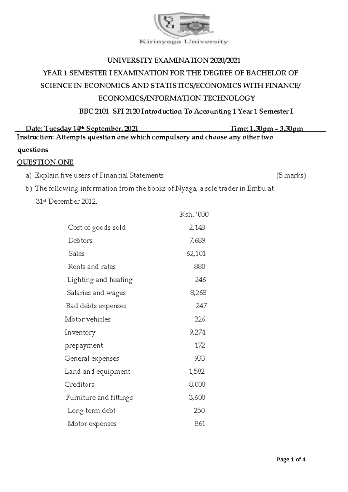 BBC 2101 SPI 2120 Year 1 Semester I Final Exam: Intro to Accounting 1 ...