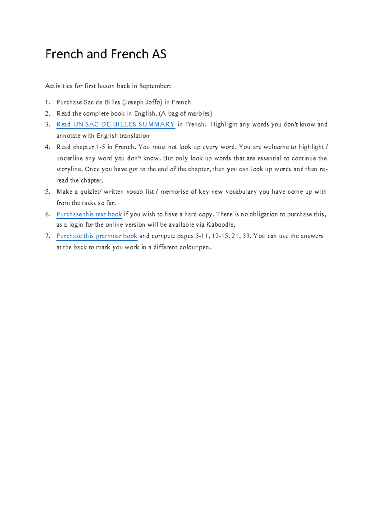 French AS - Book Activities & Lesson Plan for September - Studocu