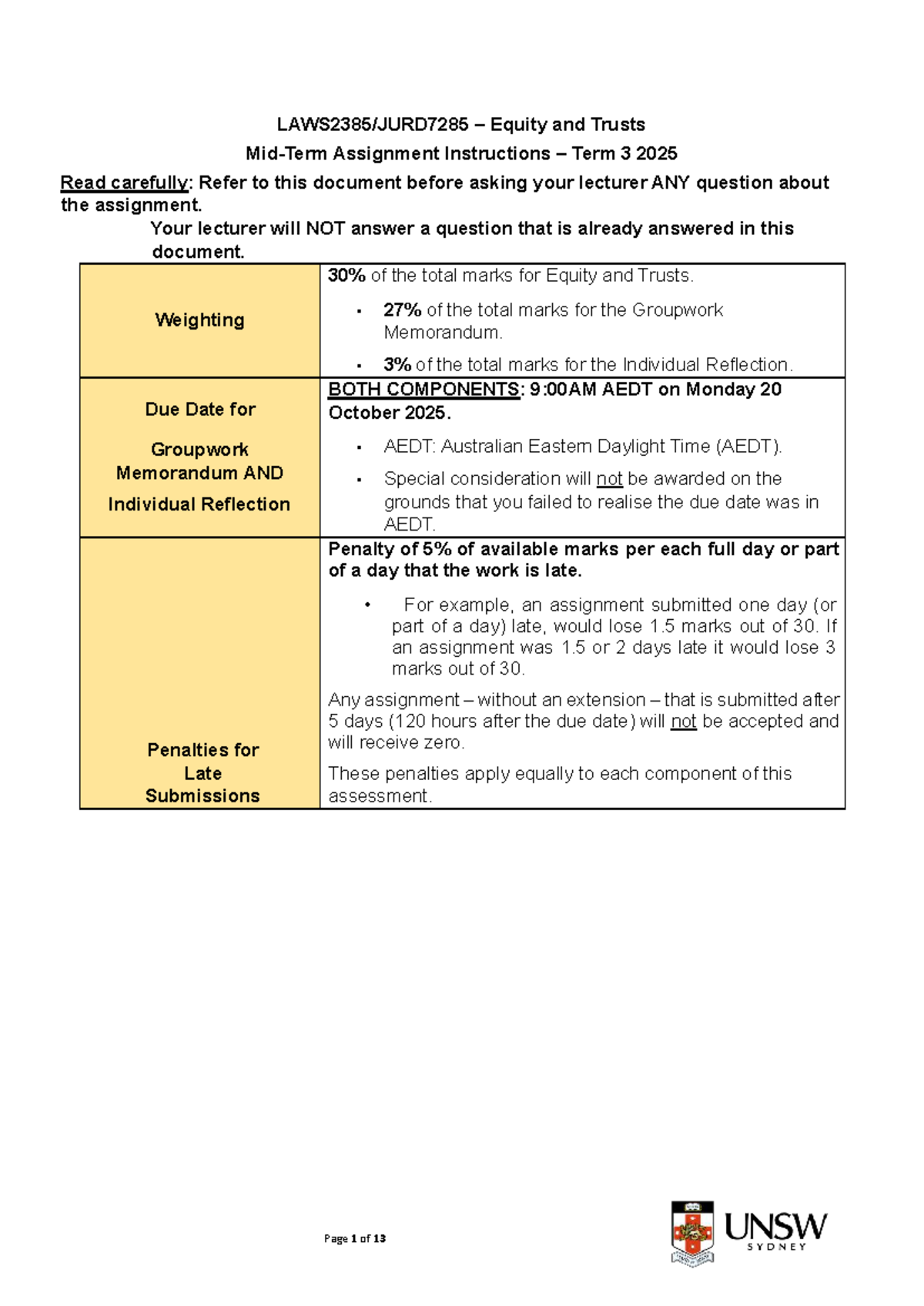 Laws2385 Equity and Trusts Assignment Instructions Term 3 2025 - Studocu
