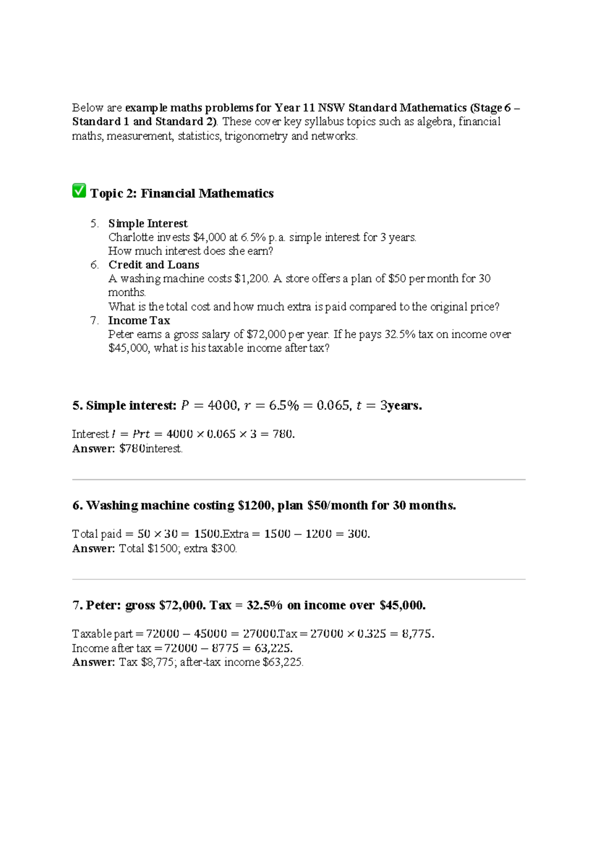 Year 11 NSW Standard Maths Practice Problems: Financial Maths - Studocu