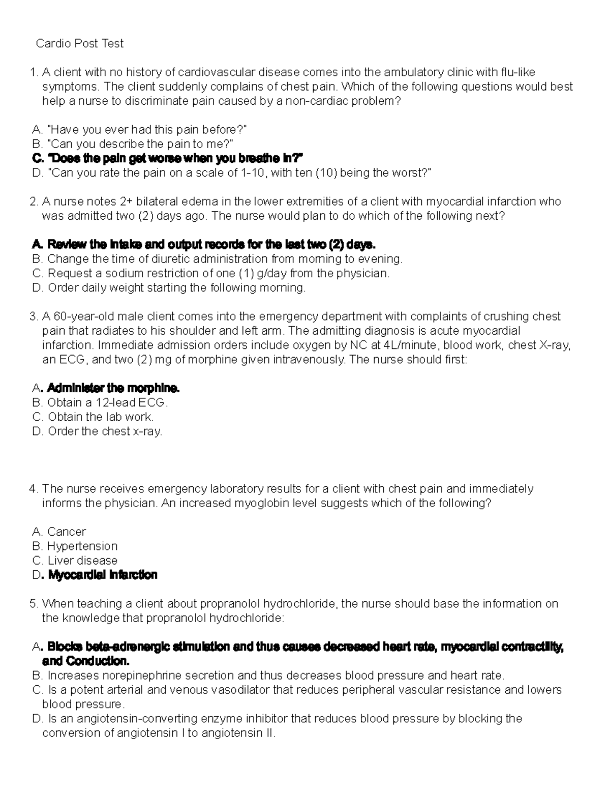 Cardio POST-TEST: Key Concepts and Nursing Interventions for Myocardial ...