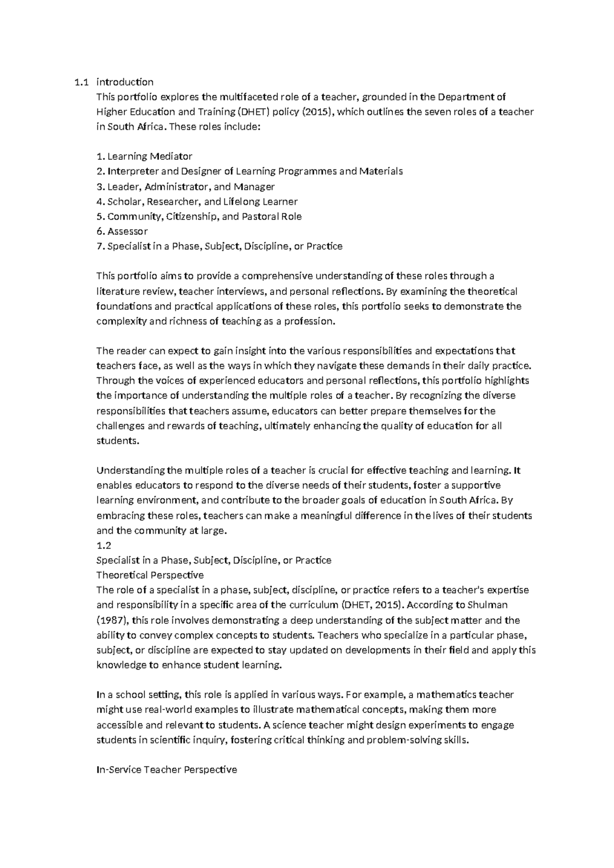 BTE Portfolio: Exploring the Seven Roles of Teachers in South Africa ...