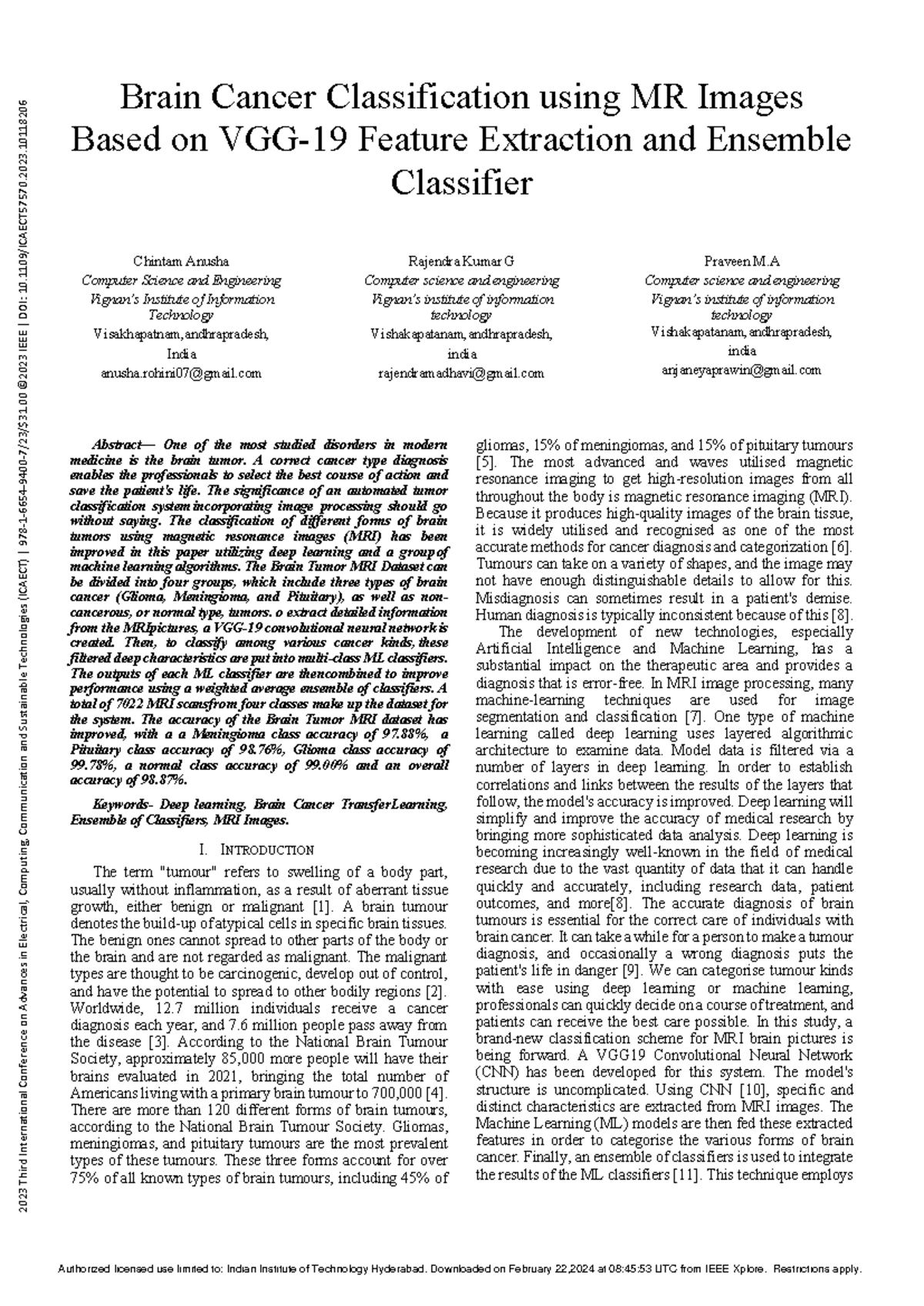 Brain Cancer Classification using MR Images Based on VGG-19 Feature ...