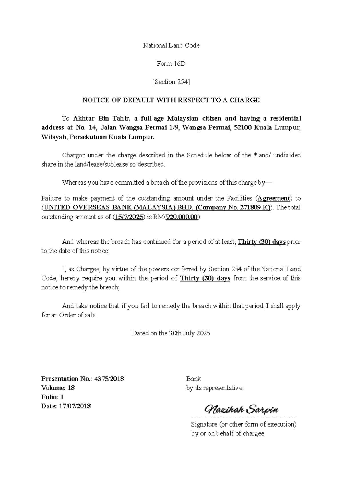 National Land Code Form 16D: Notice of Default (Foreclosure Draft ...