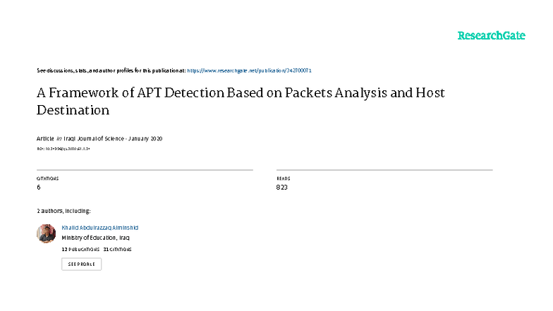 A Framework for APT Detection via Packet Analysis (CS 2020) - Studocu