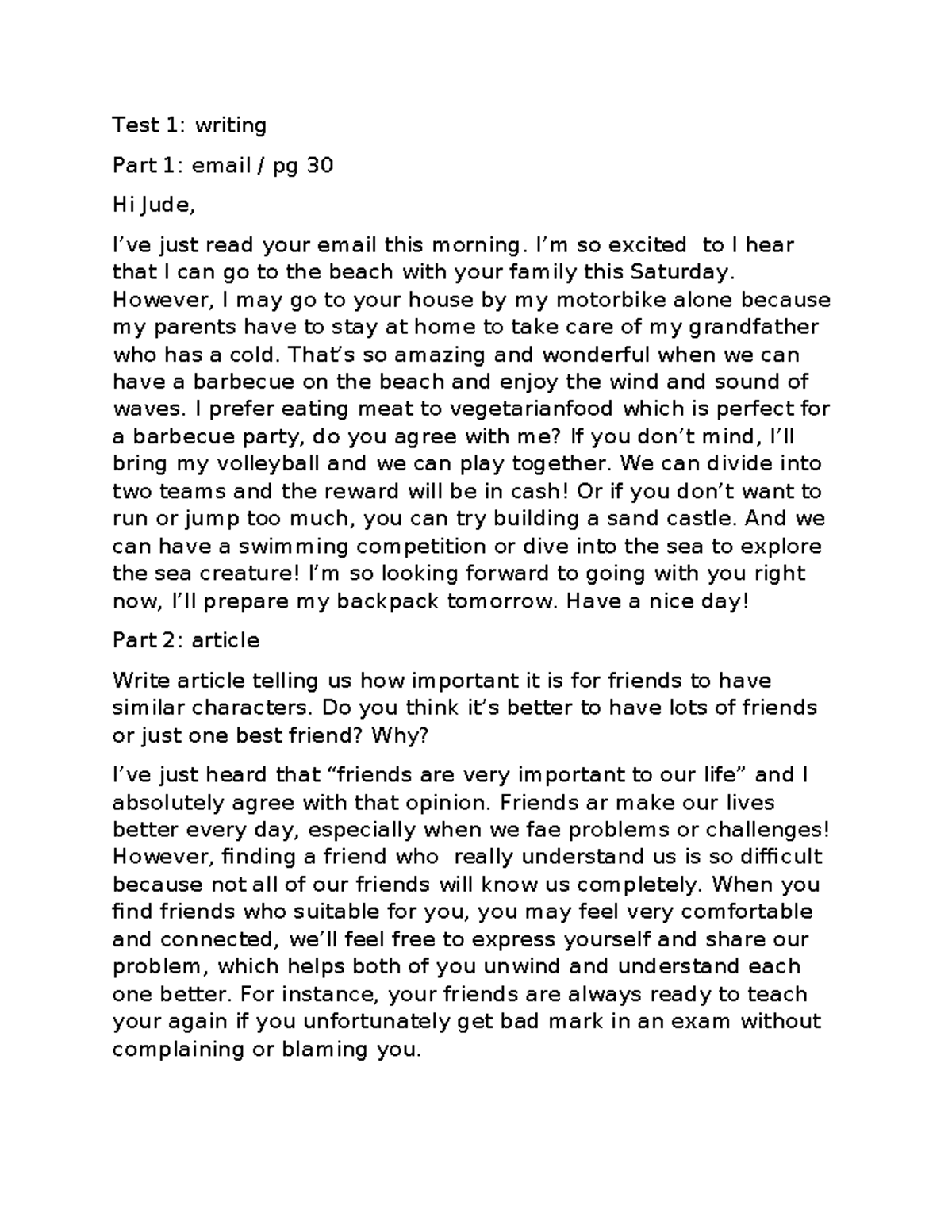 Test 1: Writing Part 1 & 2 - Email & Article Insights - Studocu
