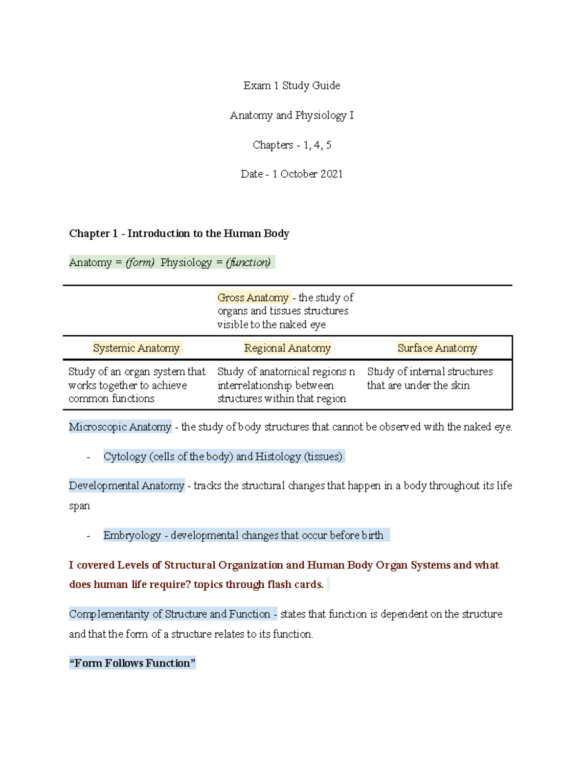Anatomy and Physiology I Exam 1 Study Guide - Key Notes - Studocu