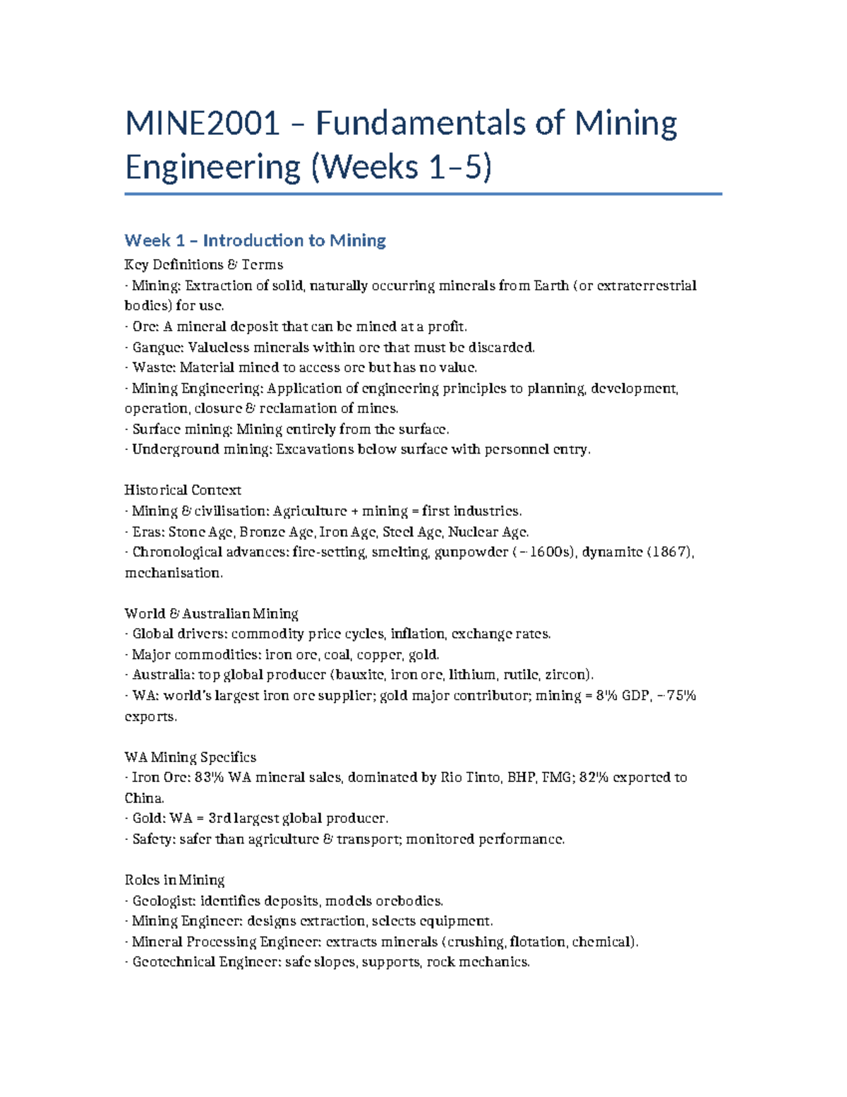 MINE2001 Detailed Notes: Weeks 1-5 Fundamentals of Mining Engineering ...