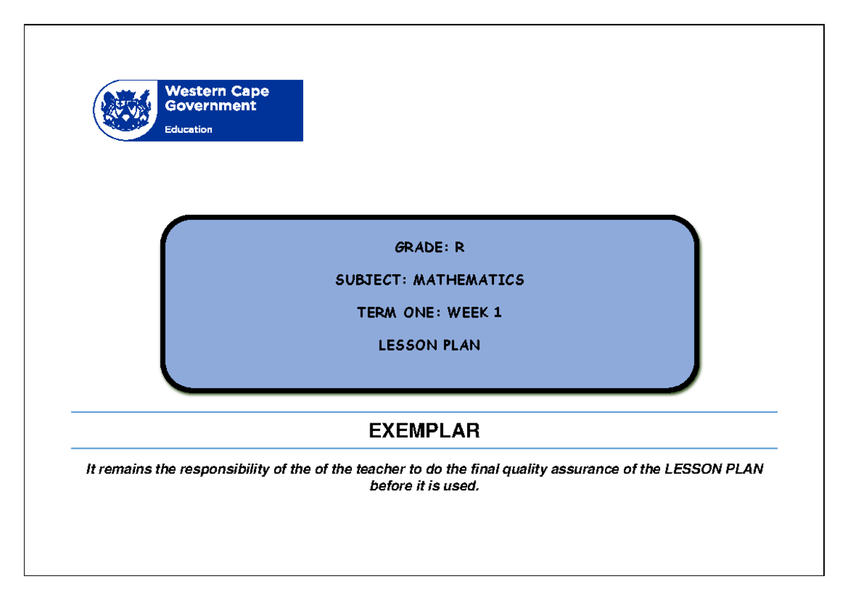 Grade R Term 1 Week 1 Maths Lesson Plan: Oral Counting & Activities ...