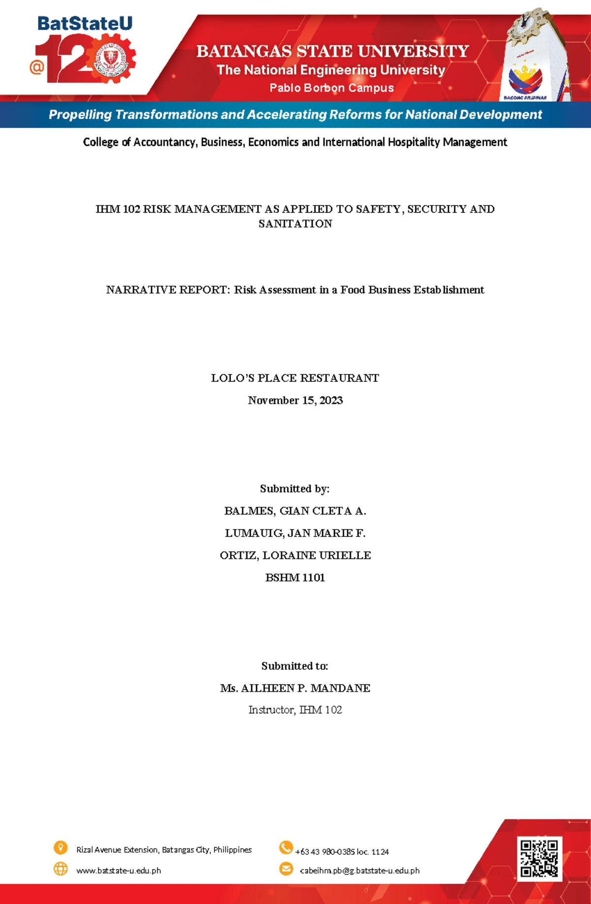 IHM 102 - Final Exam Narrative Report on Risk Assessment at Lolo's ...
