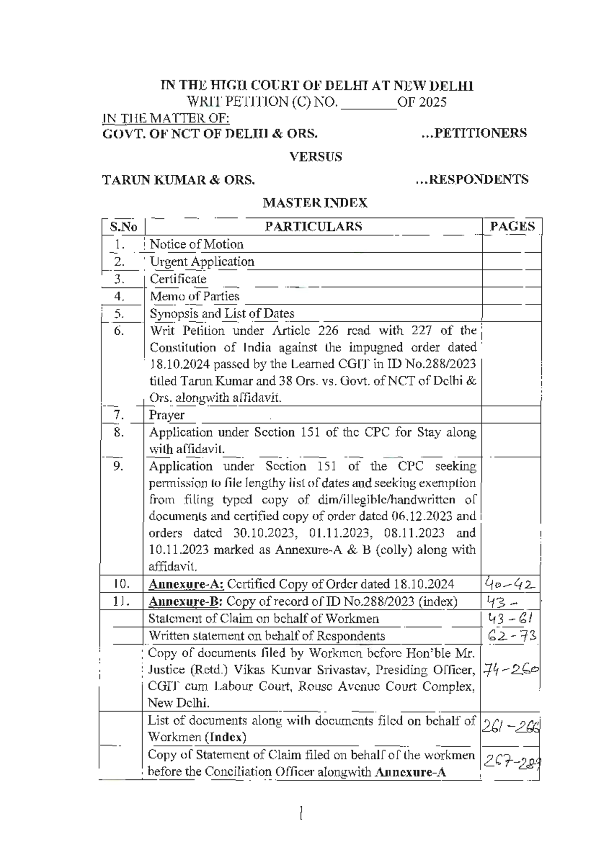 Writ Petition (C) No. _ _ _ of 2025: Index of Documents for Tarun Kumar ...