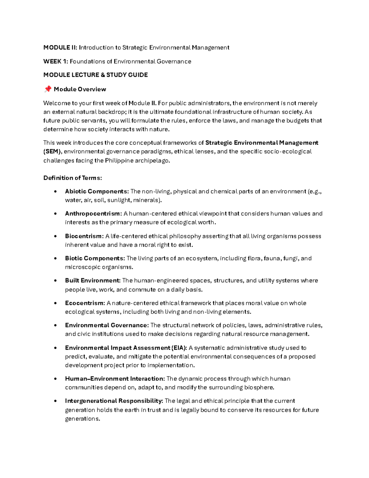 MODULE II: SEM Week 1 Study Guide on Environmental Governance - Studocu