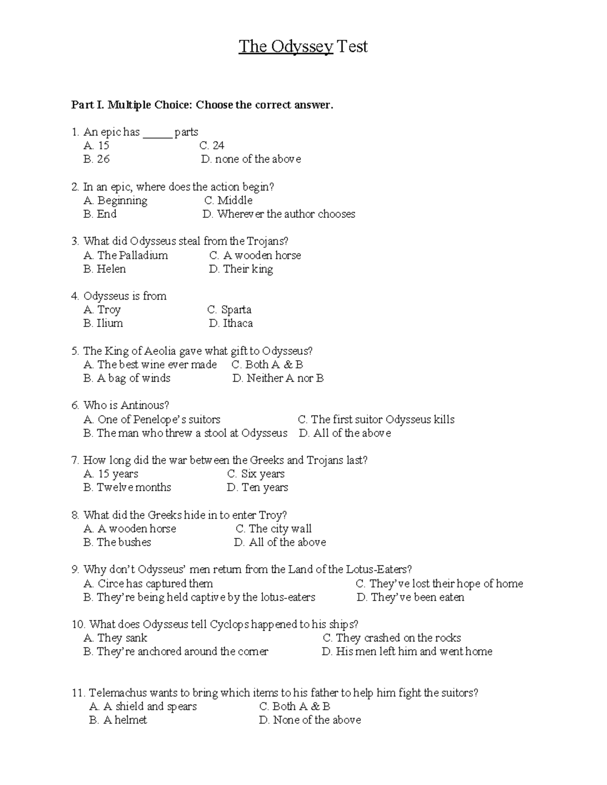 38562724 The Odyssey Unit Test - Multiple Choice & Essay Questions ...