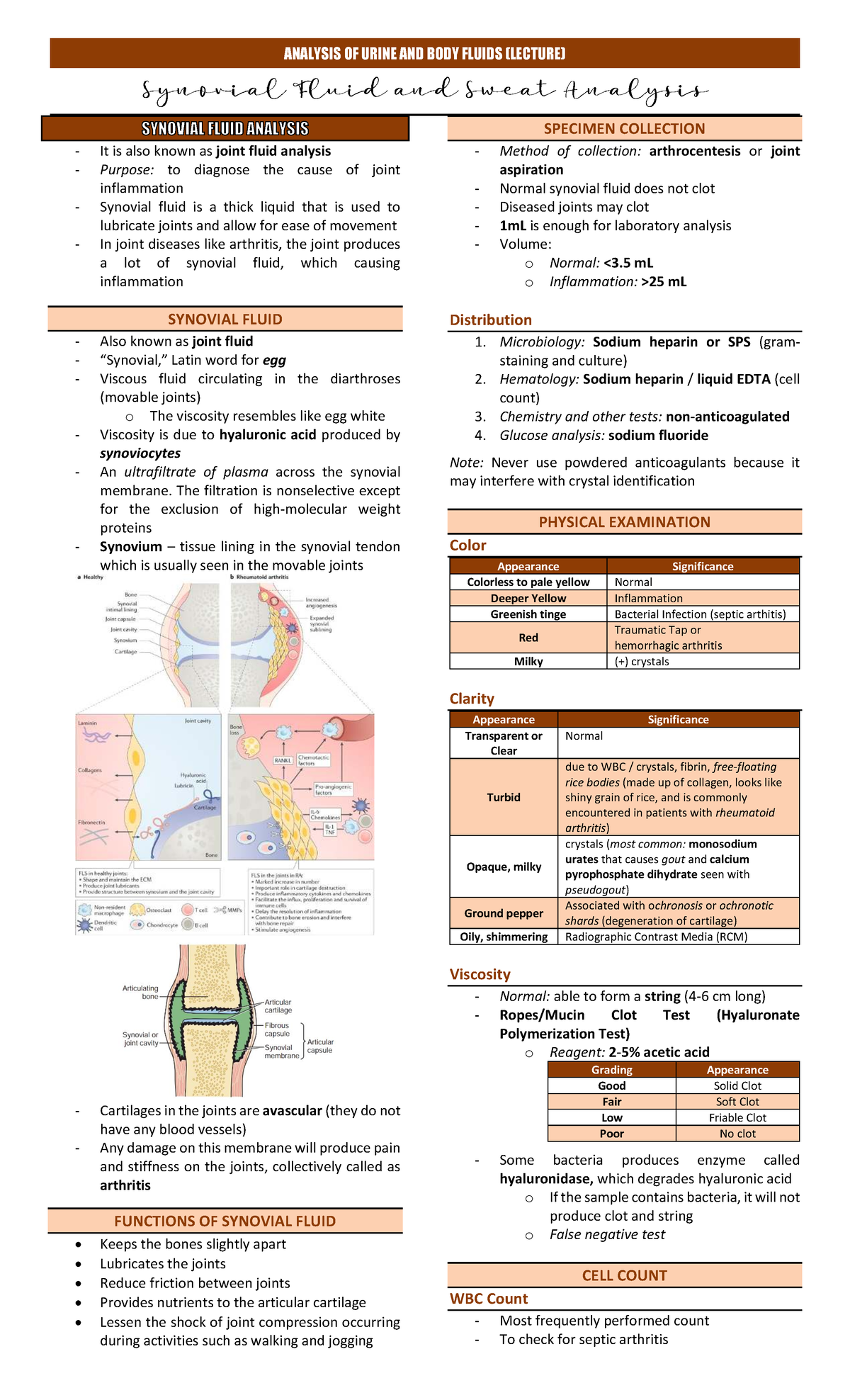 ANALYSIS OF URINE AND BODY FLUIDS (LECTURE) - SYNOVIAL FLUID - Studocu